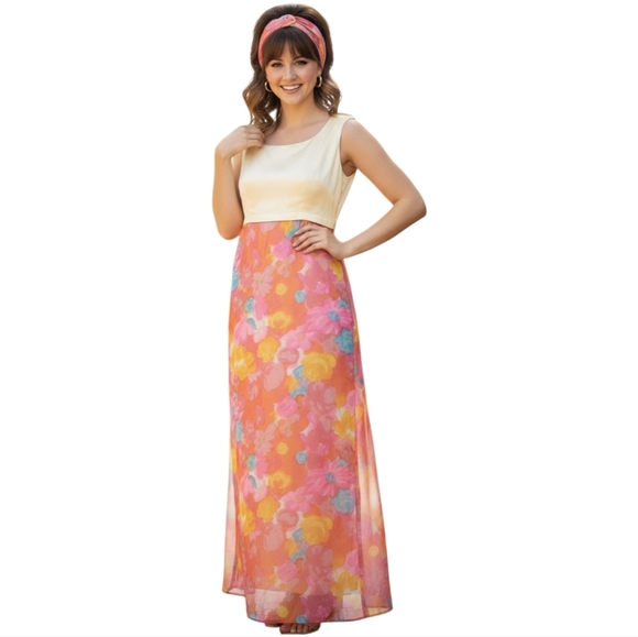 Vintage yellow Pink handmade long floral bright dress